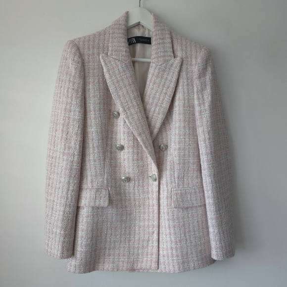 Zara Pink & Silver Tweed Blazer Double Breasted Tailored Jacket Size L NWT - Picture 7 of 14